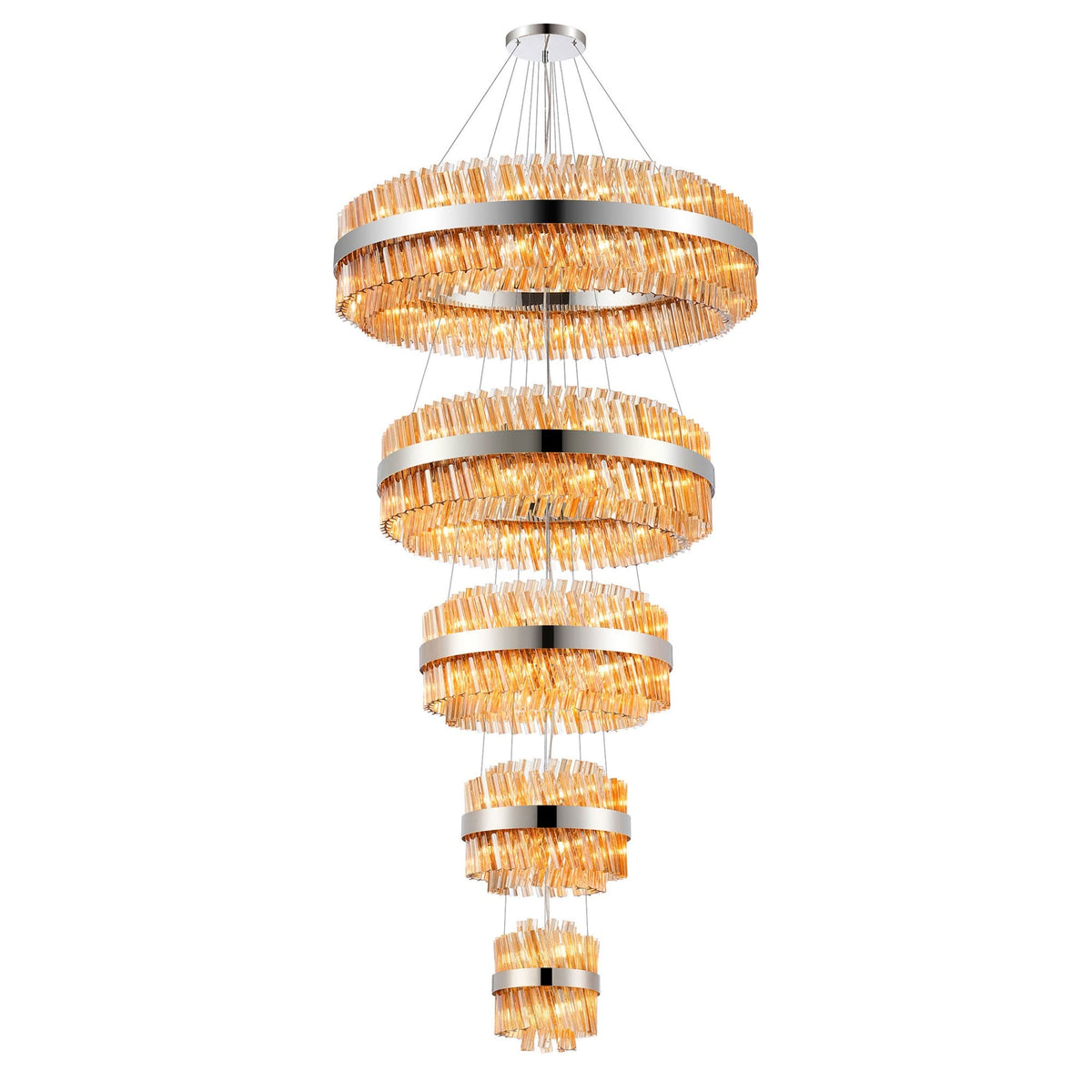 Kelly Five Tier Pendant 25cm, 40cm, 60cm, 80cm & 1m Tiers in Polished Nickel & Amber Glass