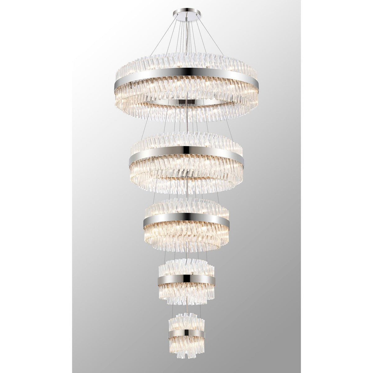 Kelly Five Tier Pendant 25cm, 40cm, 60cm, 80cm & 1m Tiers in Polished Nickel & Clear Glass