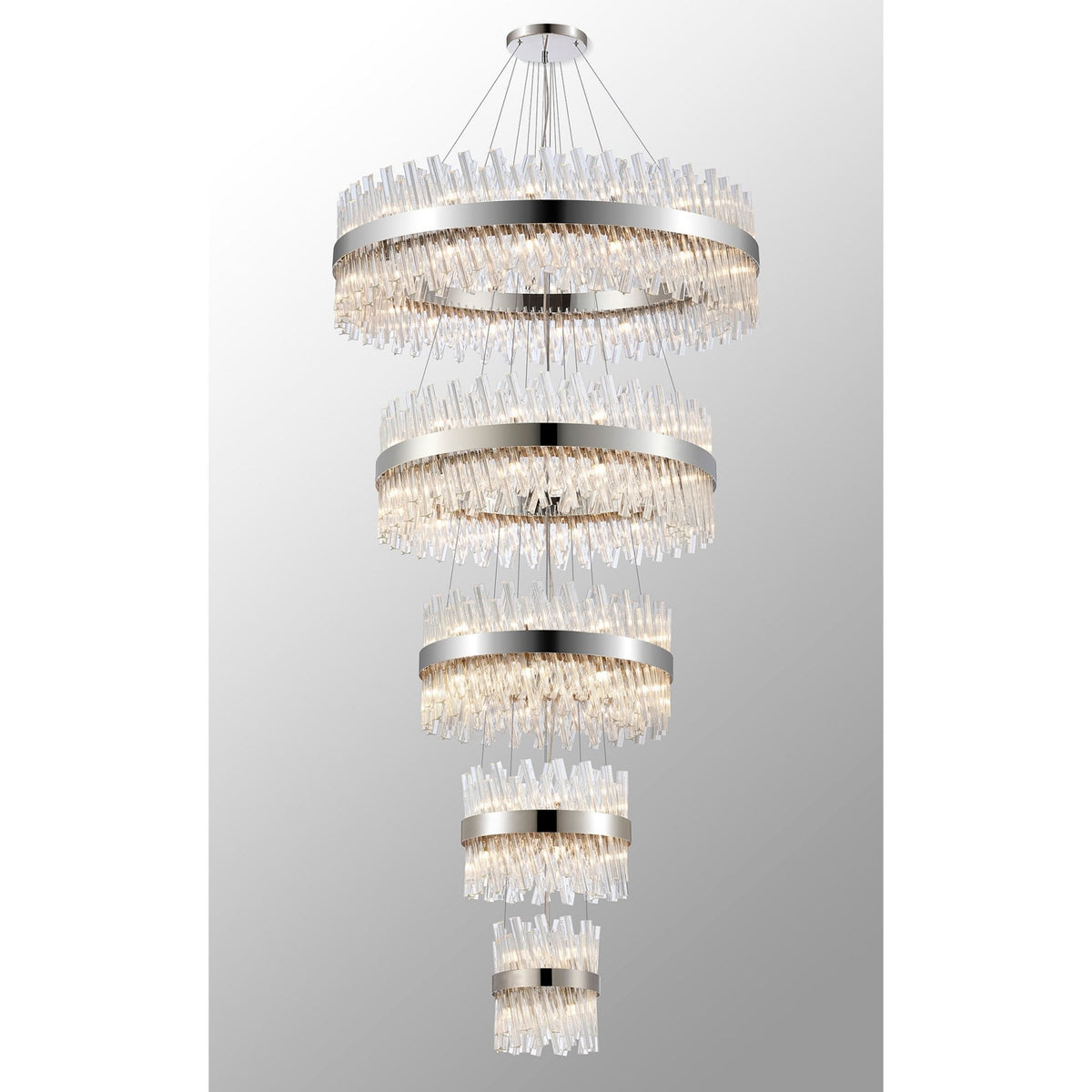 Kelly Five Tier Pendant 25cm, 40cm, 60cm, 80cm & 1m Tiers in Polished Nickel & Clear Glass