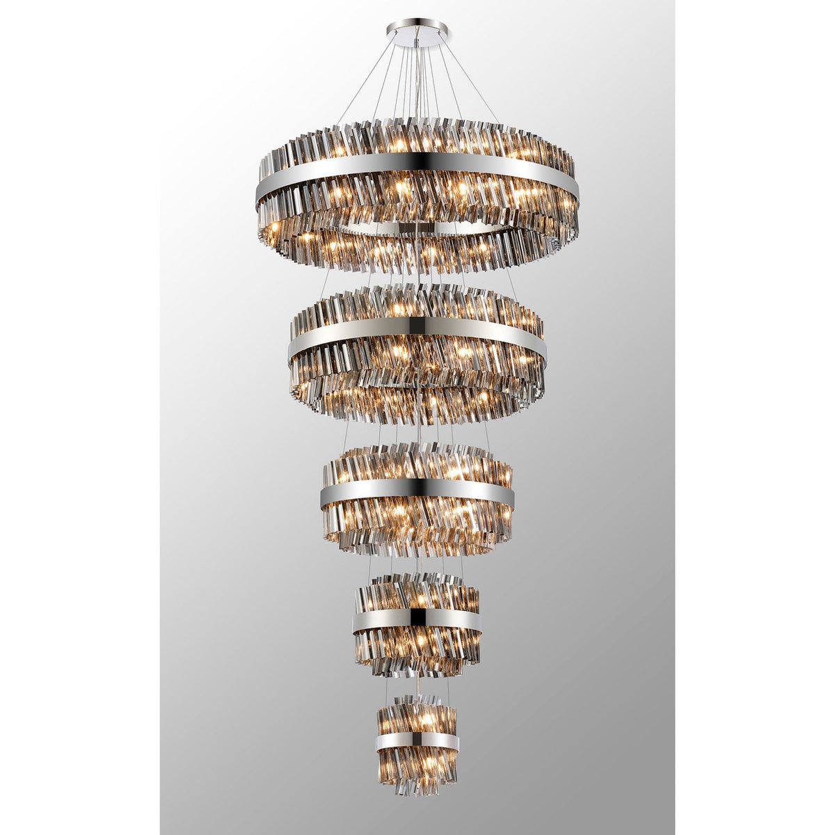 Kelly Five Tier Pendant 25cm, 40cm, 60cm, 80cm & 1m Tiers in Polished Nickel & Smoke Glass