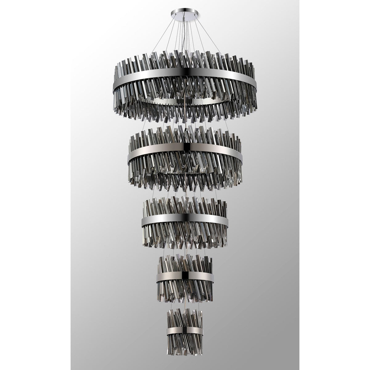 Kelly Five Tier Pendant 25cm, 40cm, 60cm, 80cm & 1m Tiers in Polished Nickel & Smoke Glass