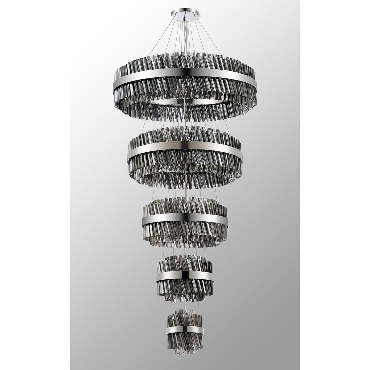Kelly Five Tier Pendant 25cm, 40cm, 60cm, 80cm & 1m Tiers in Polished Nickel & Smoke Glass