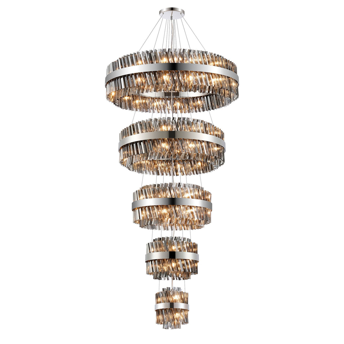 Kelly Five Tier Pendant 25cm, 40cm, 60cm, 80cm & 1m Tiers in Polished Nickel & Smoke Glass
