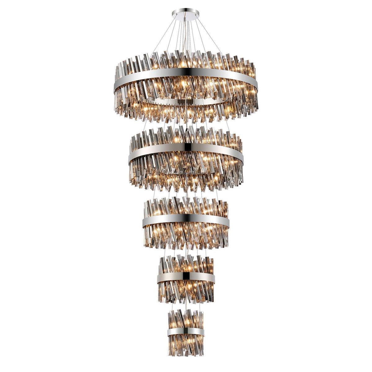 Kelly Five Tier Pendant 25cm, 40cm, 60cm, 80cm & 1m Tiers in Polished Nickel & Smoke Glass