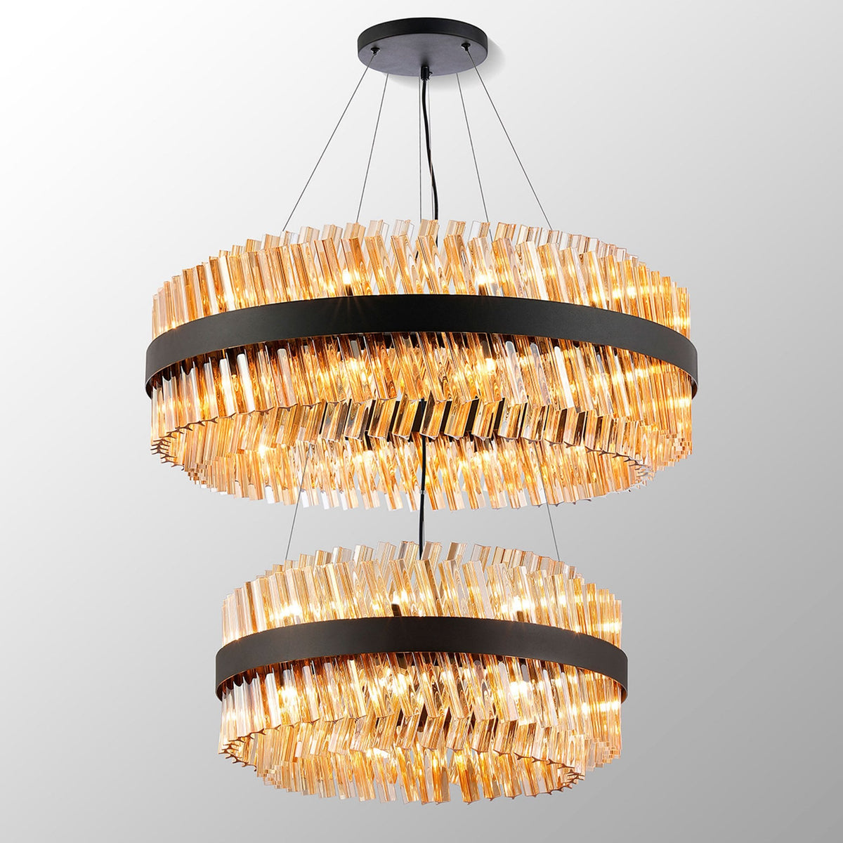 Kelly Two Tier Pendant 60cm & 80cm Tiers in Satin Black & Amber Glass
