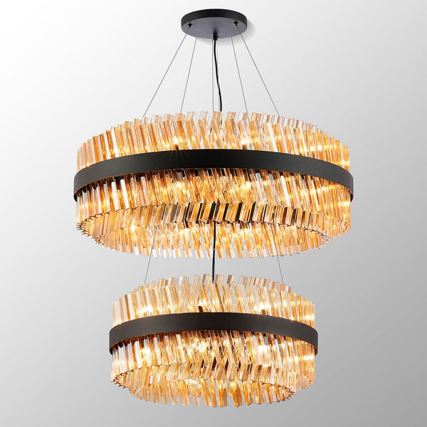 Kelly Two Tier Pendant 60cm & 80cm Tiers in Satin Black & Amber Glass