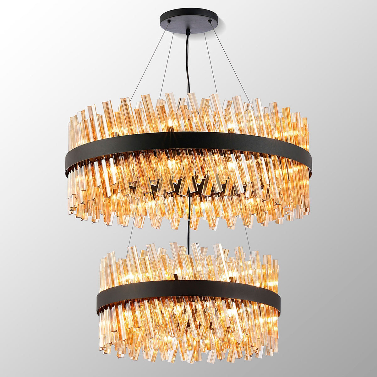 Kelly Two Tier Pendant 60cm & 80cm Tiers in Satin Black & Amber Glass