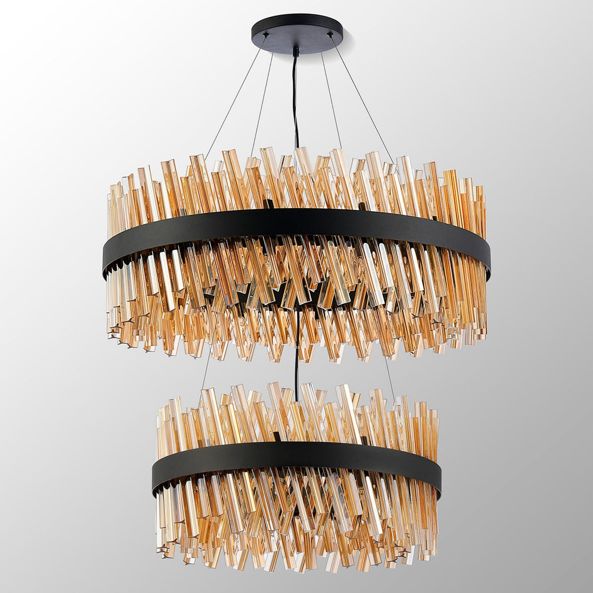 Kelly Two Tier Pendant 60cm & 80cm Tiers in Satin Black & Amber Glass