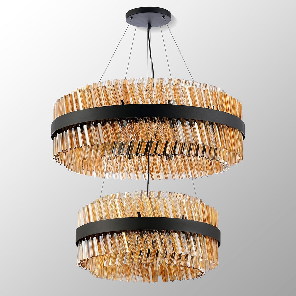 Kelly Two Tier Pendant 60cm & 80cm Tiers in Satin Black & Amber Glass