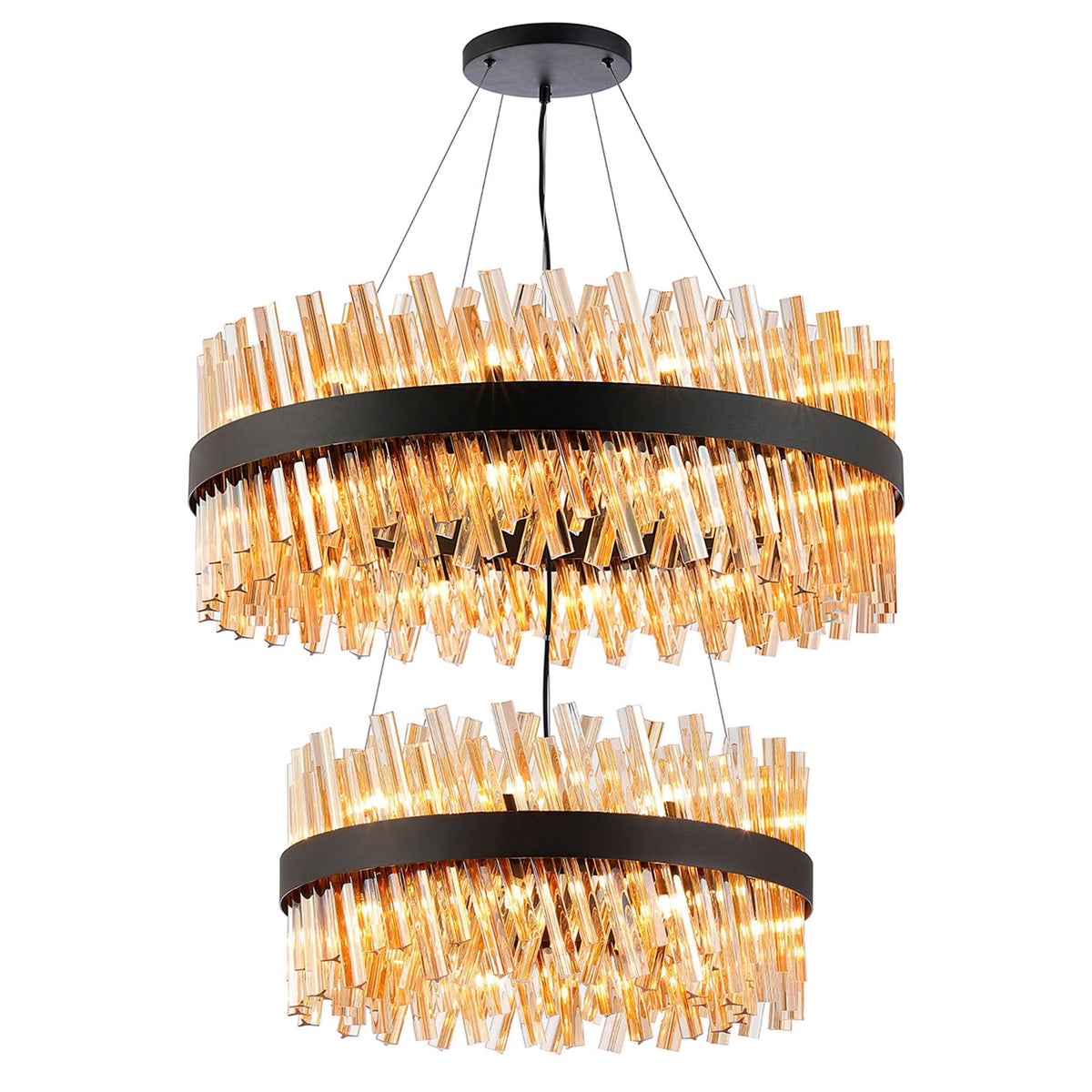 Kelly Two Tier Pendant 60cm & 80cm Tiers in Satin Black & Amber Glass