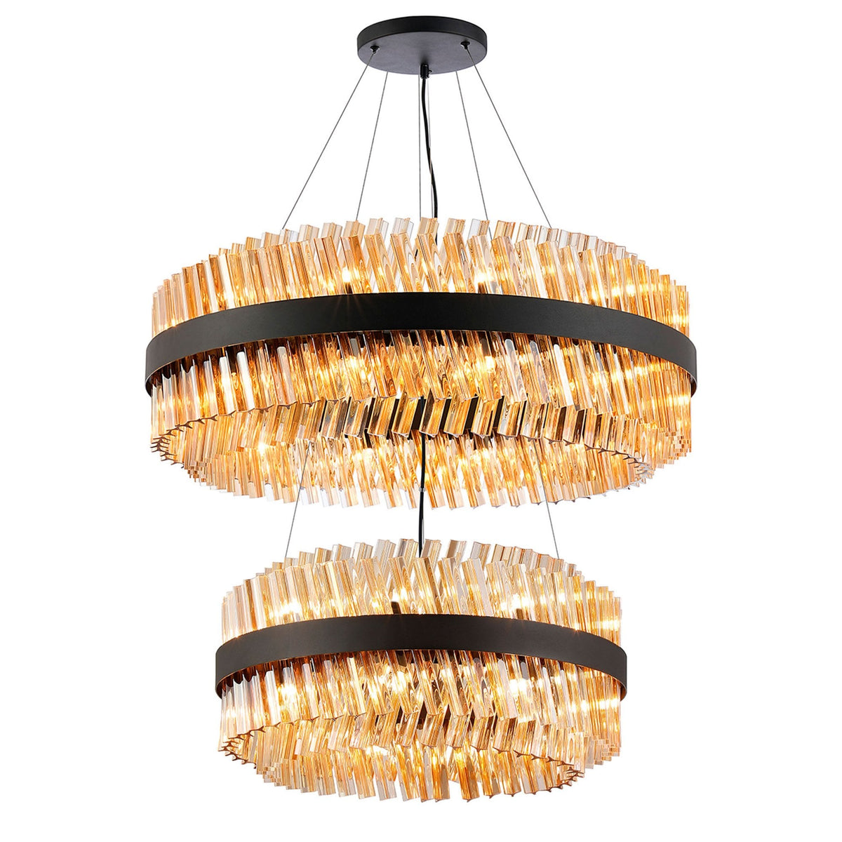Kelly Two Tier Pendant 60cm & 80cm Tiers in Satin Black & Amber Glass