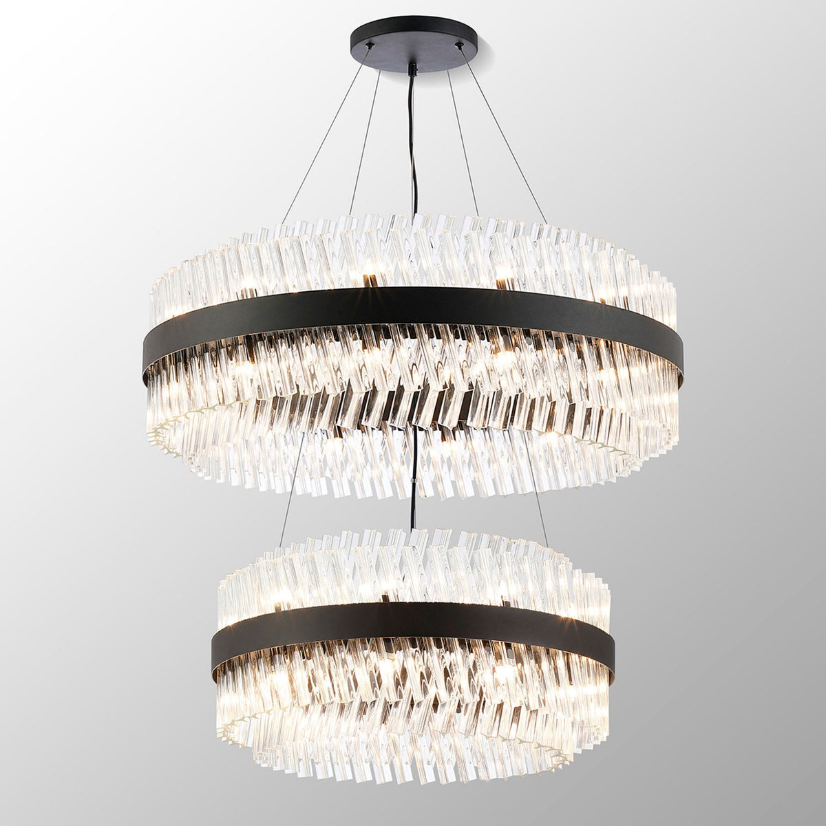 Kelly Two Tier Pendant 60cm & 80cm Tiers in Satin Black & Clear Glass