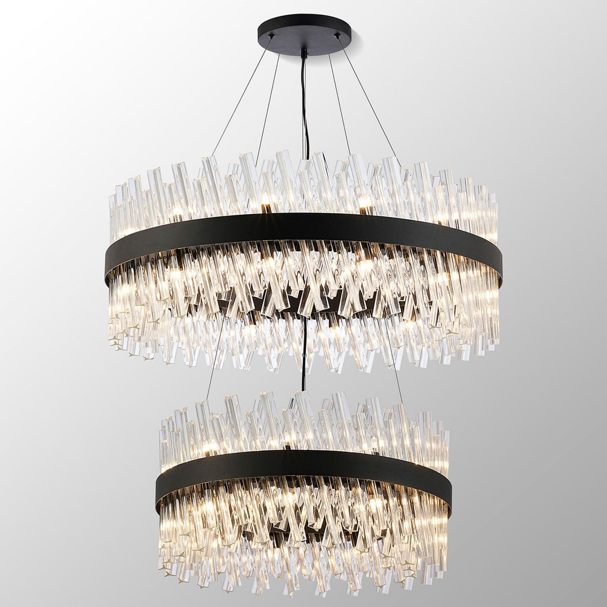Kelly Two Tier Pendant 60cm & 80cm Tiers in Satin Black & Clear Glass