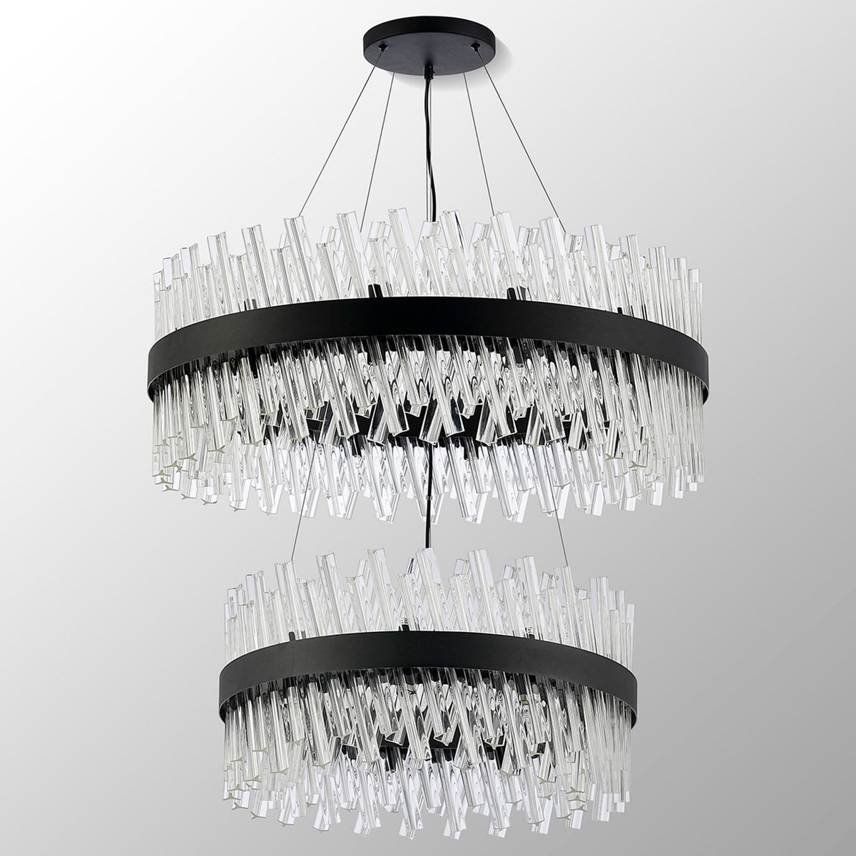 Kelly Two Tier Pendant 60cm & 80cm Tiers in Satin Black & Clear Glass