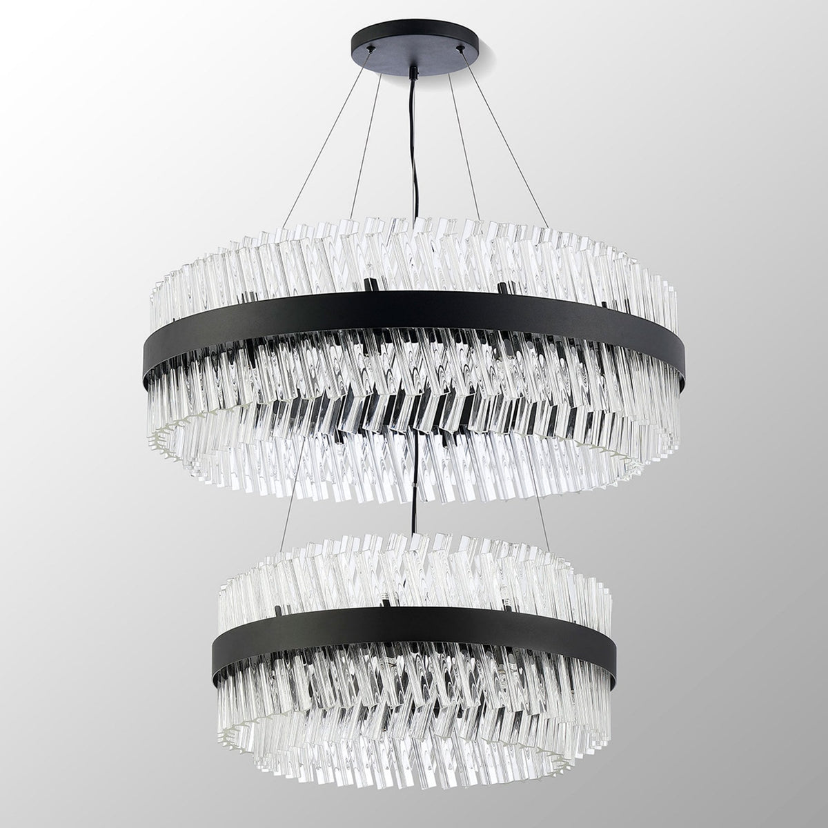 Kelly Two Tier Pendant 60cm & 80cm Tiers in Satin Black & Clear Glass