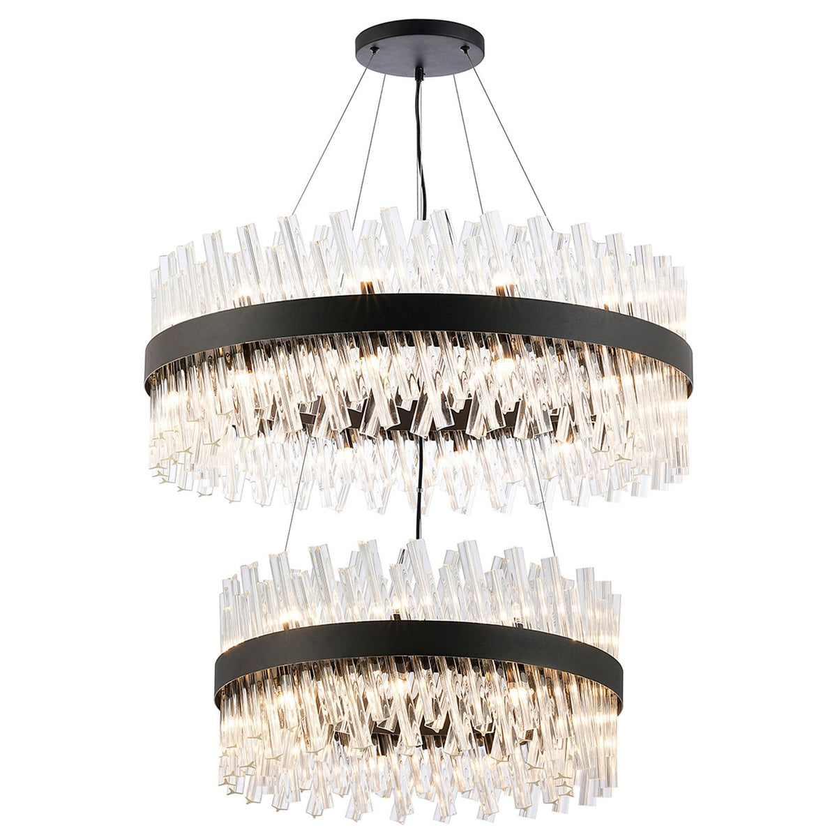Kelly Two Tier Pendant 60cm & 80cm Tiers in Satin Black & Clear Glass
