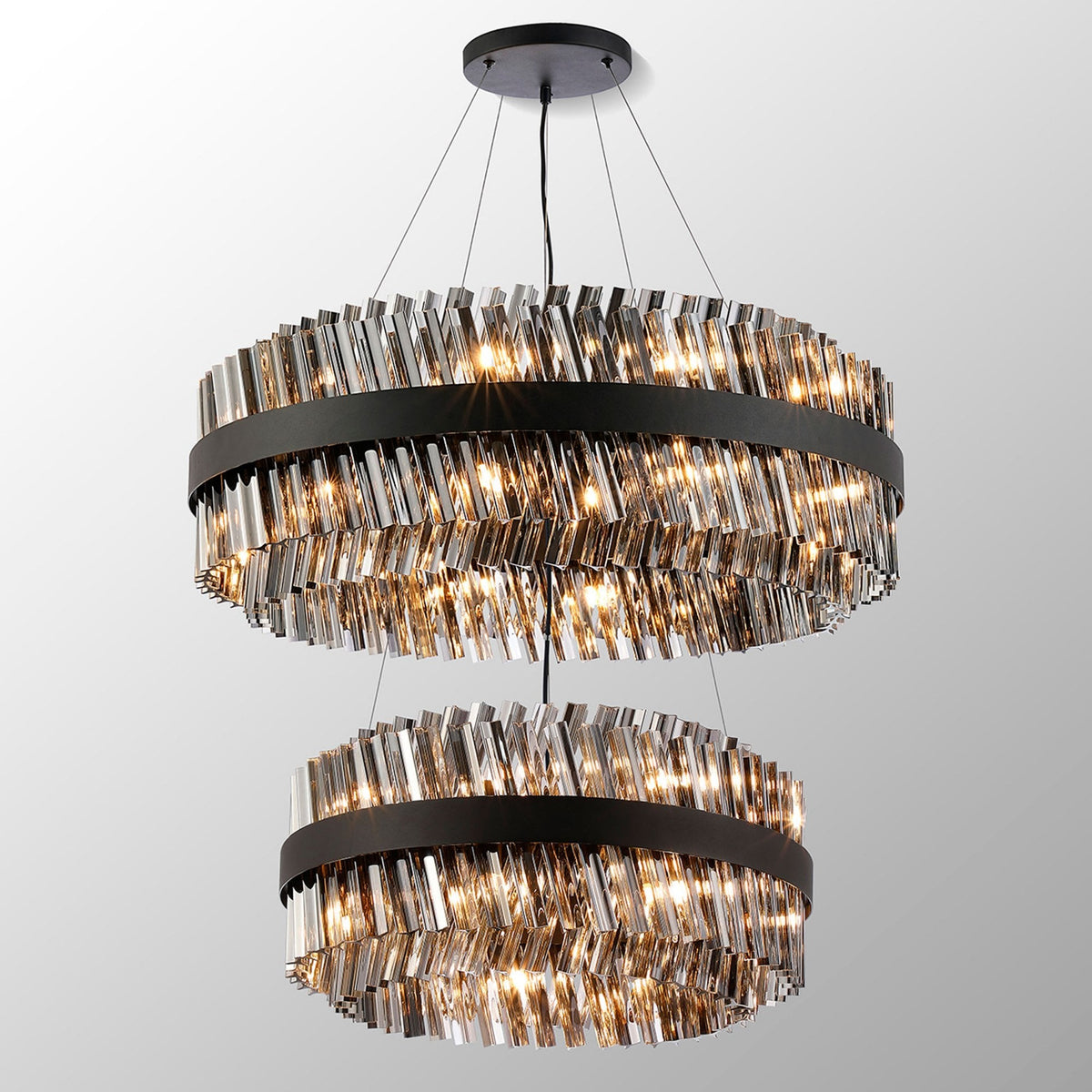 Kelly Two Tier Pendant 60cm & 80cm Tiers in Satin Black & Smoke Glass