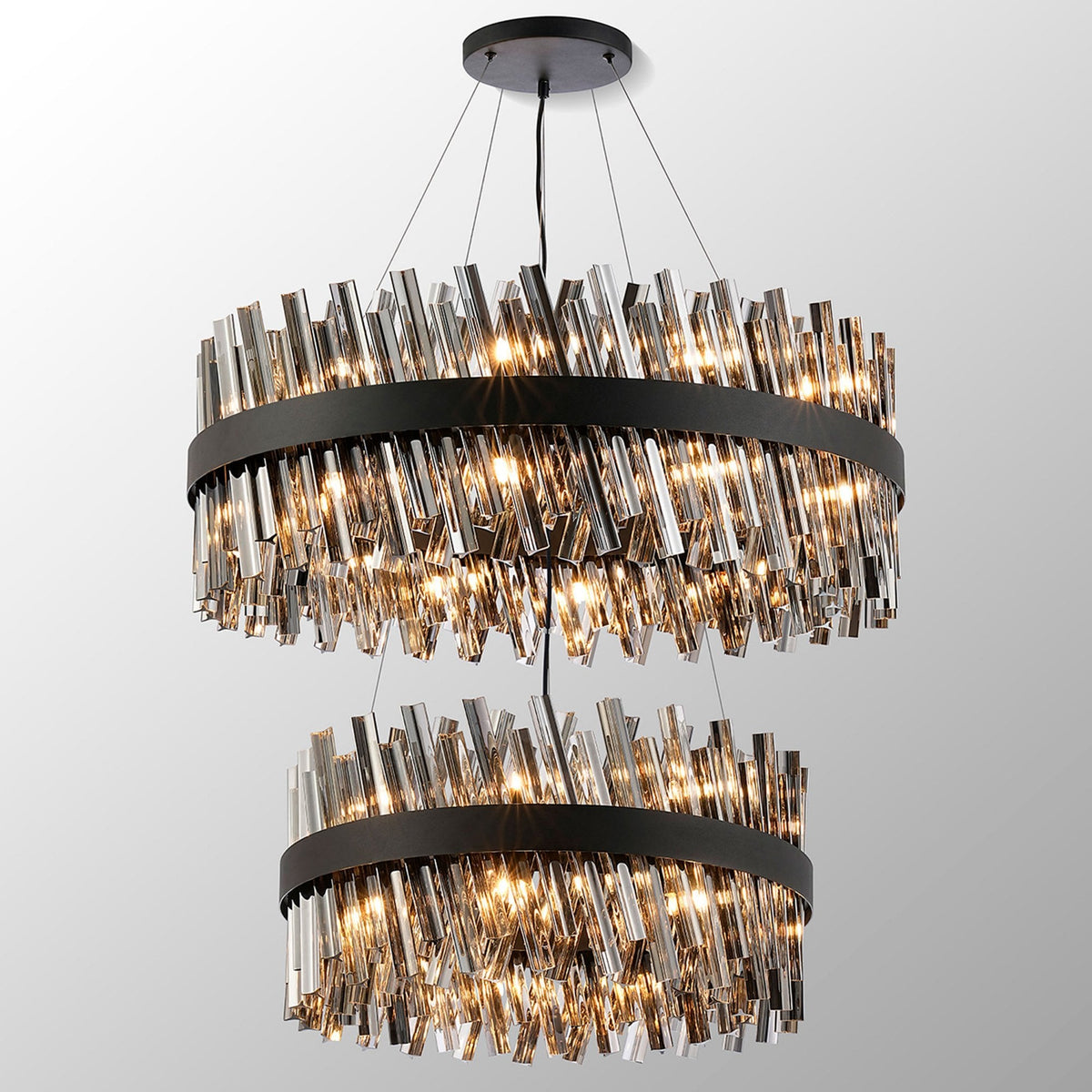 Kelly Two Tier Pendant 60cm & 80cm Tiers in Satin Black & Smoke Glass