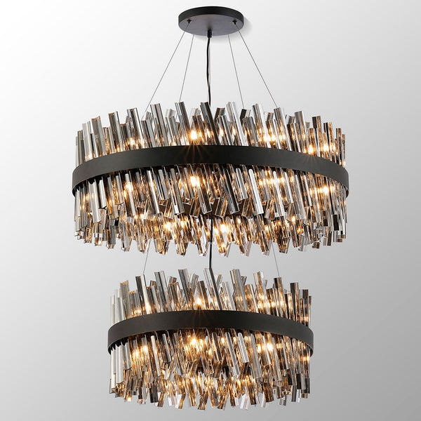 Kelly Two Tier Pendant 60cm & 80cm Tiers in Satin Black & Smoke Glass