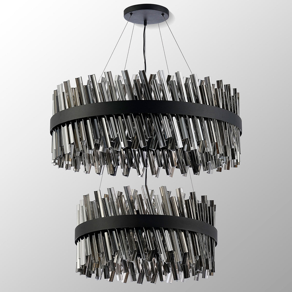 Kelly Two Tier Pendant 60cm & 80cm Tiers in Satin Black & Smoke Glass