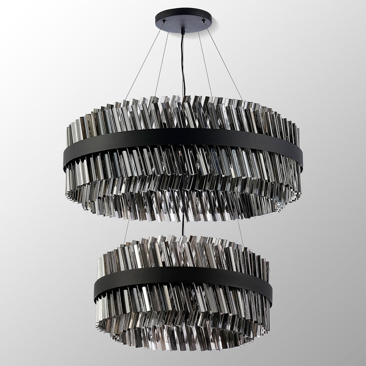 Kelly Two Tier Pendant 60cm & 80cm Tiers in Satin Black & Smoke Glass