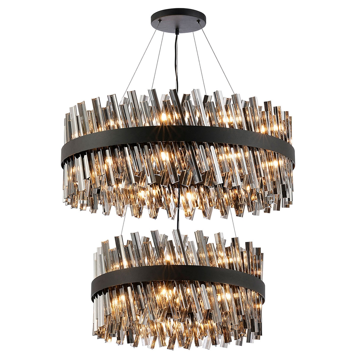 Kelly Two Tier Pendant 60cm & 80cm Tiers in Satin Black & Smoke Glass