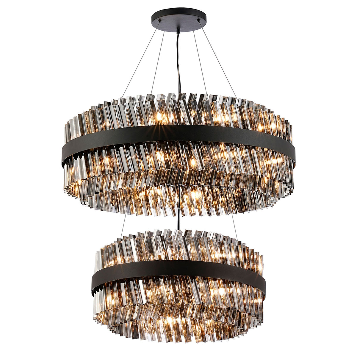 Kelly Two Tier Pendant 60cm & 80cm Tiers in Satin Black & Smoke Glass