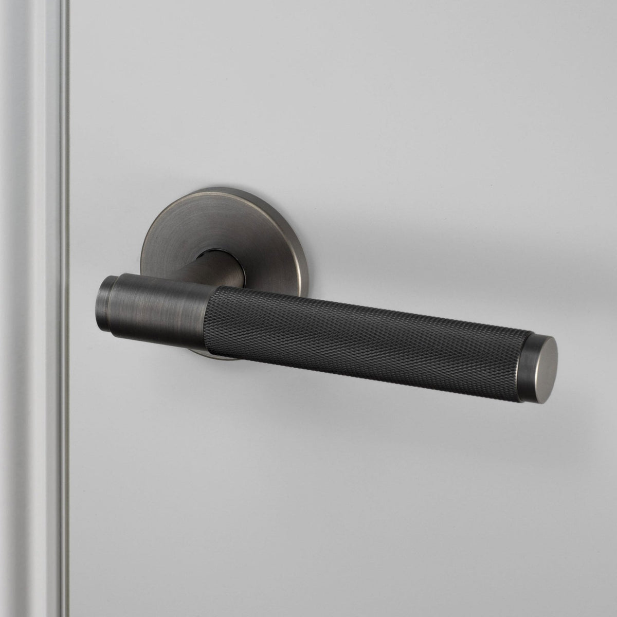 Cross Cut Knurled Door Handle Set In Smoked Bronze