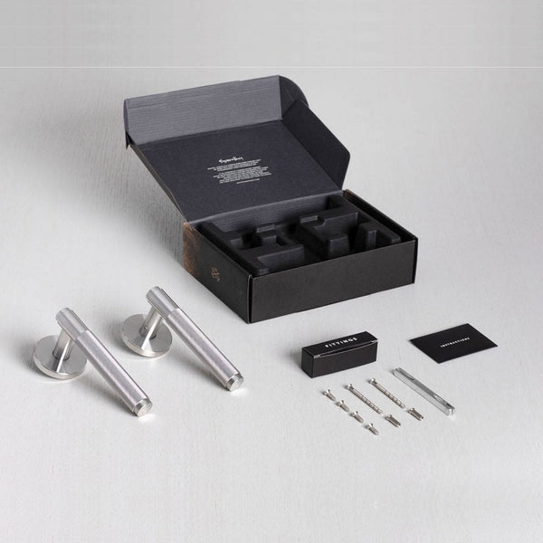 Cross Cut Knurled Door Handle Set In Solid Steel