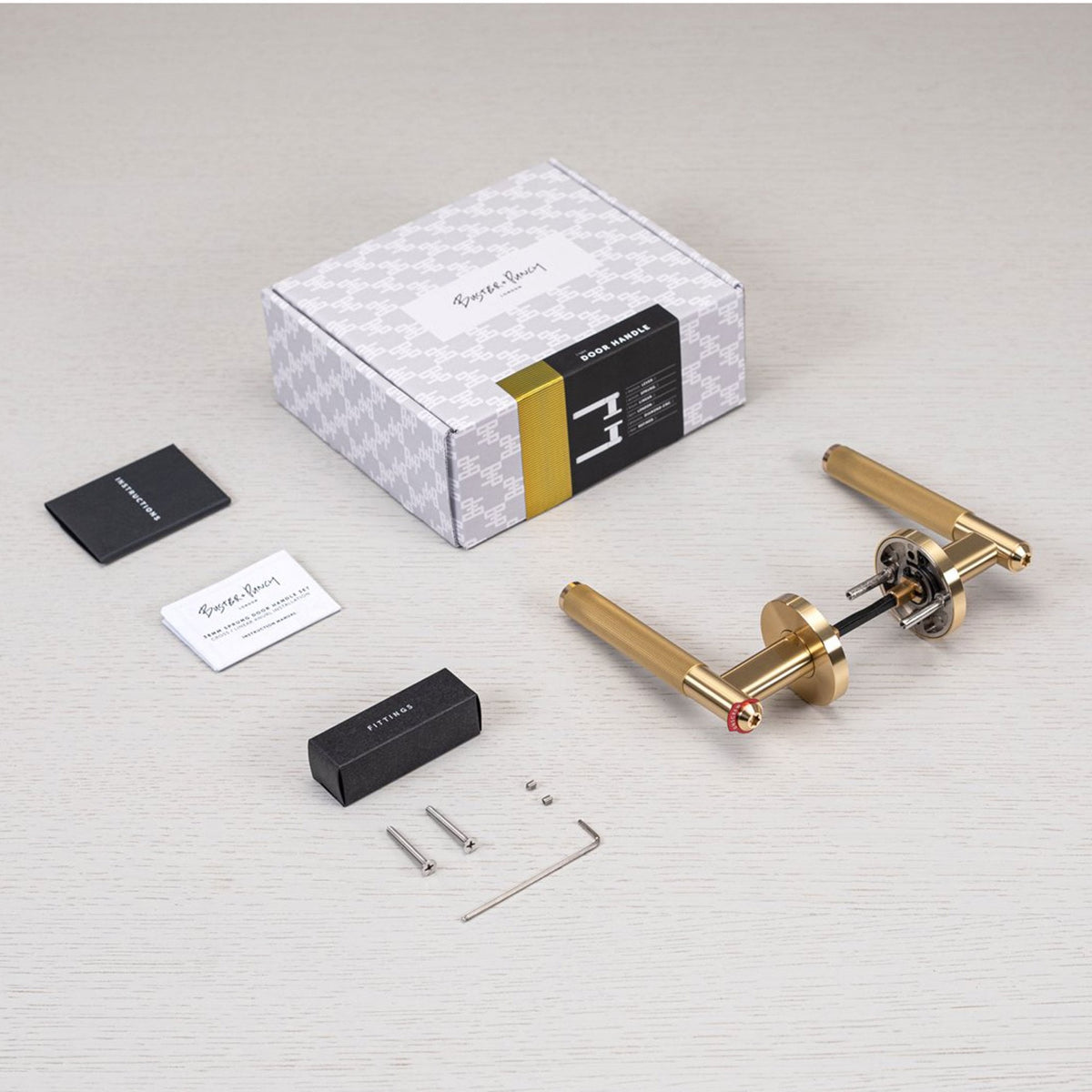 Linear Knurled Door Handle Set In Brass