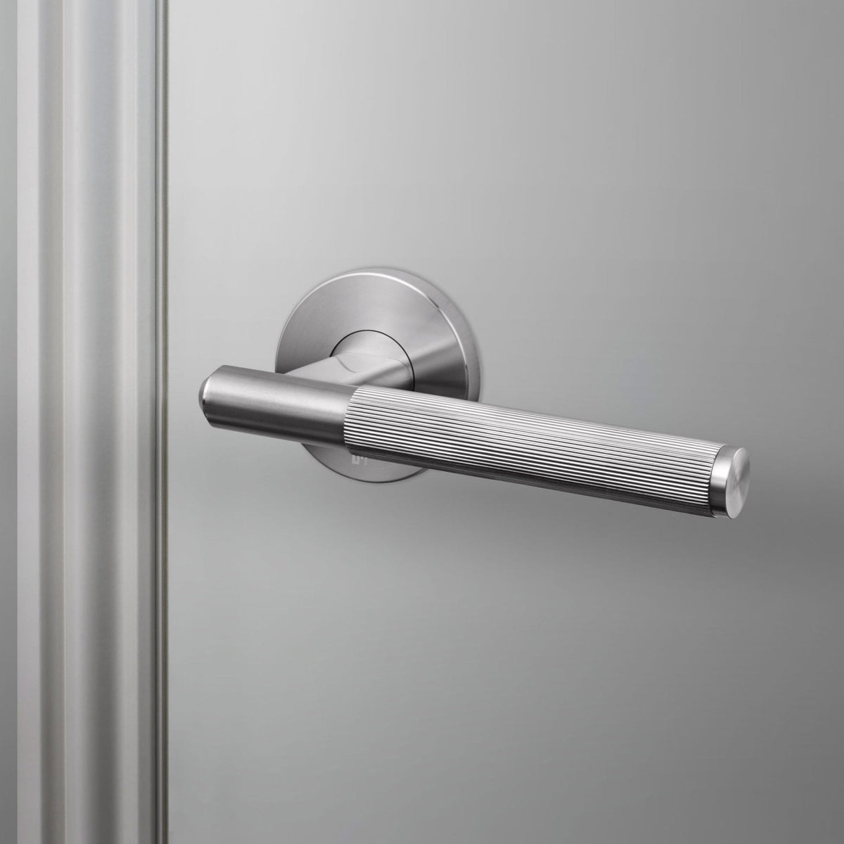 Linear Knurled Door Handle Set In Solid Steel