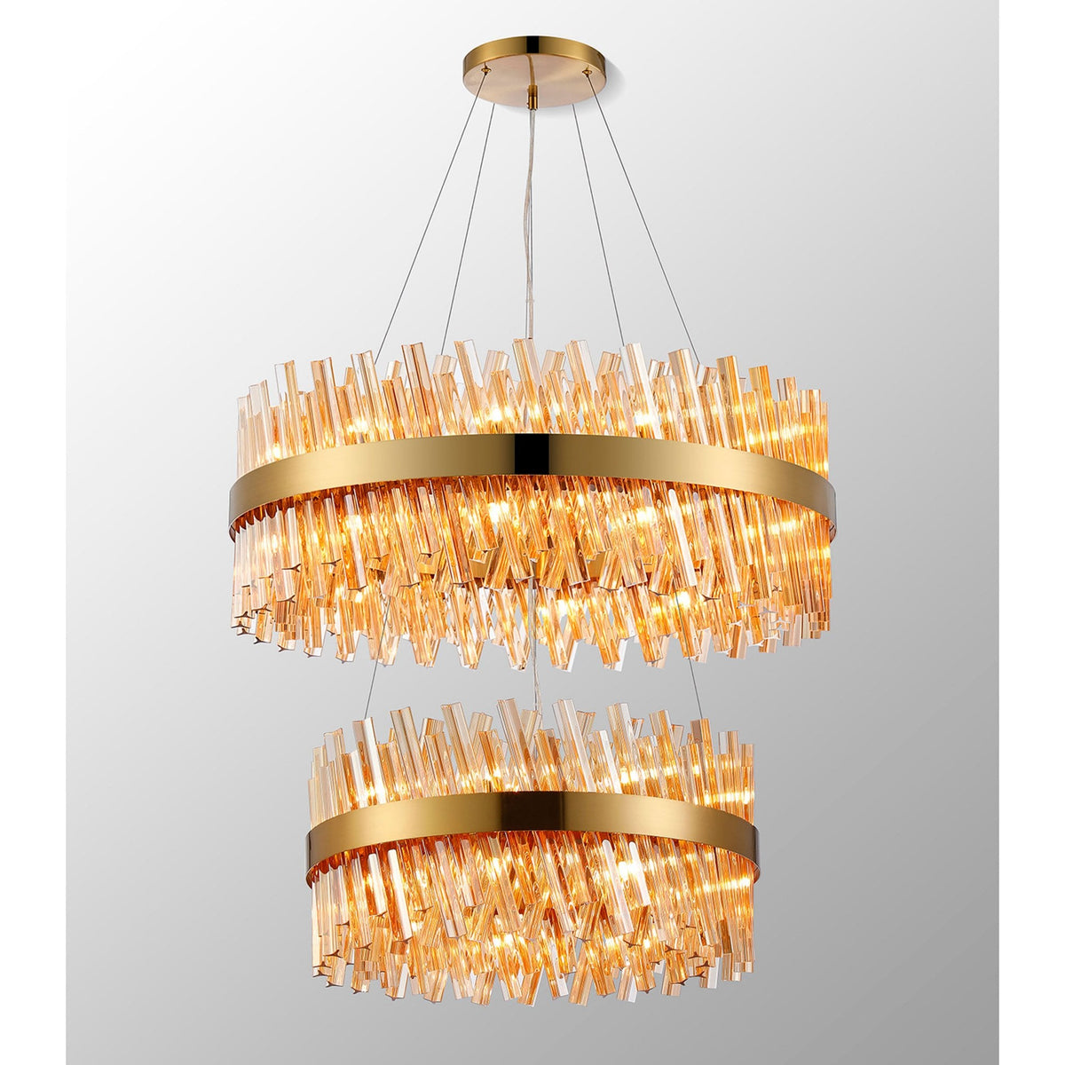 Kelly Two Tier Pendant 60cm & 80cm Tiers in Brass & Amber Glass