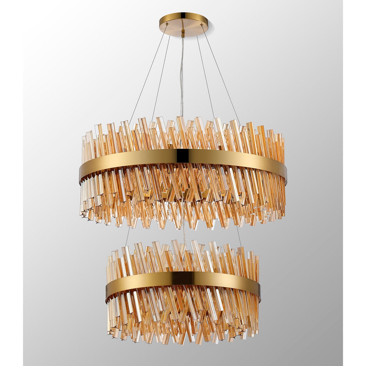 Kelly Two Tier Pendant 60cm & 80cm Tiers in Brass & Amber Glass