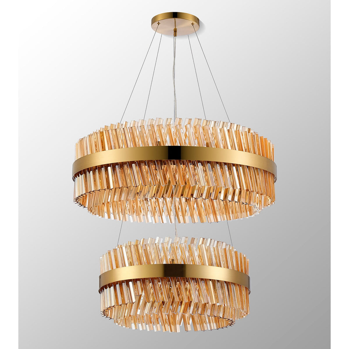 Kelly Two Tier Pendant 60cm & 80cm Tiers in Brass & Amber Glass