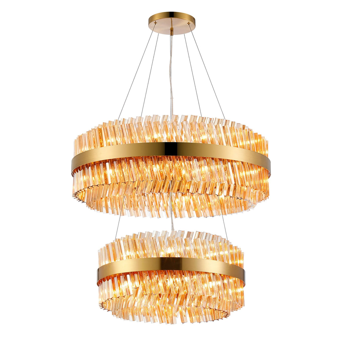 Kelly Two Tier Pendant 60cm & 80cm Tiers in Brass & Amber Glass