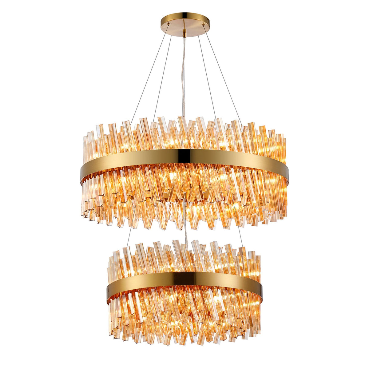 Kelly Two Tier Pendant 60cm & 80cm Tiers in Brass & Amber Glass