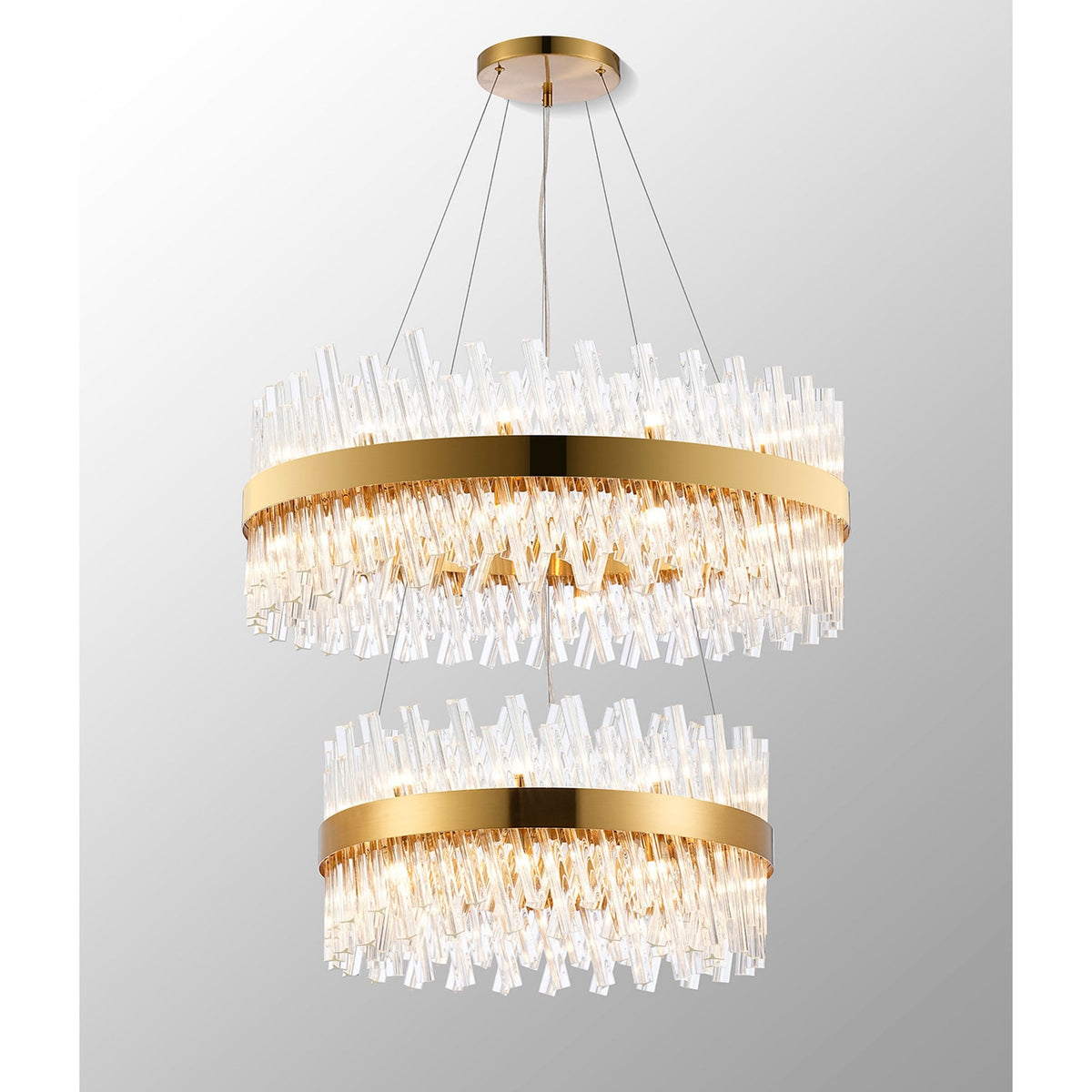 Kelly Two Tier Pendant 60cm & 80cm Tiers in Brass & Clear Glass