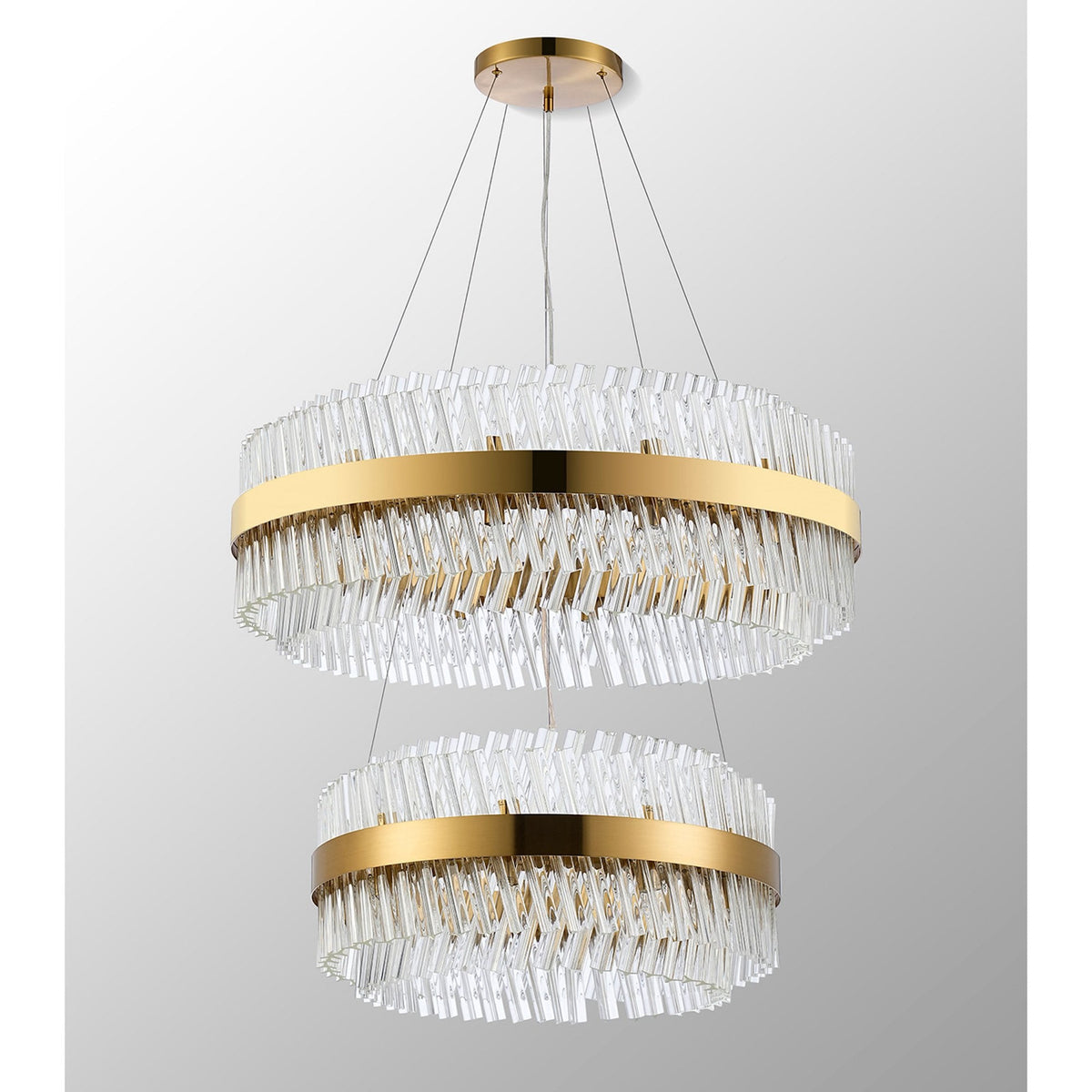 Kelly Two Tier Pendant 60cm & 80cm Tiers in Brass & Clear Glass