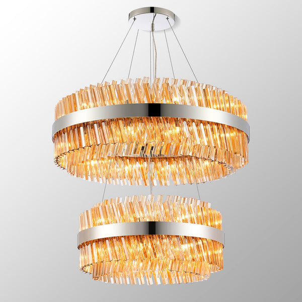 Kelly Two Tier Pendant 60cm & 80cm Tiers in Polished Nickel & Amber Glass