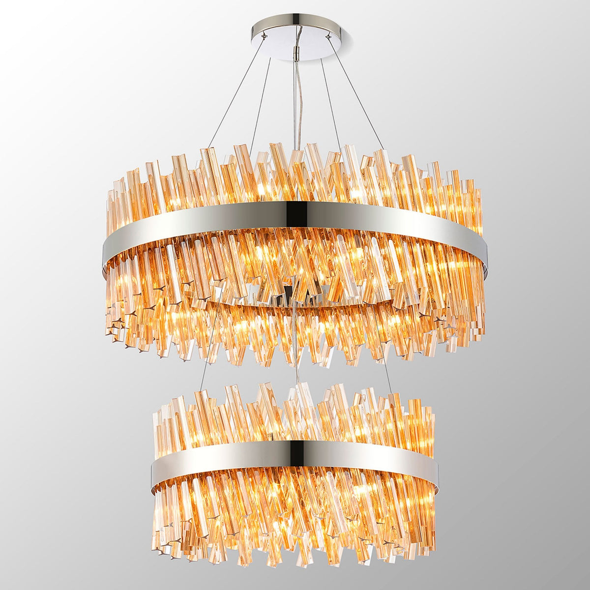 Kelly Two Tier Pendant 60cm & 80cm Tiers in Polished Nickel & Amber Glass