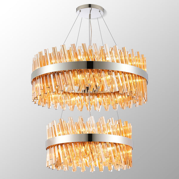 Kelly Two Tier Pendant 60cm & 80cm Tiers in Polished Nickel & Amber Glass