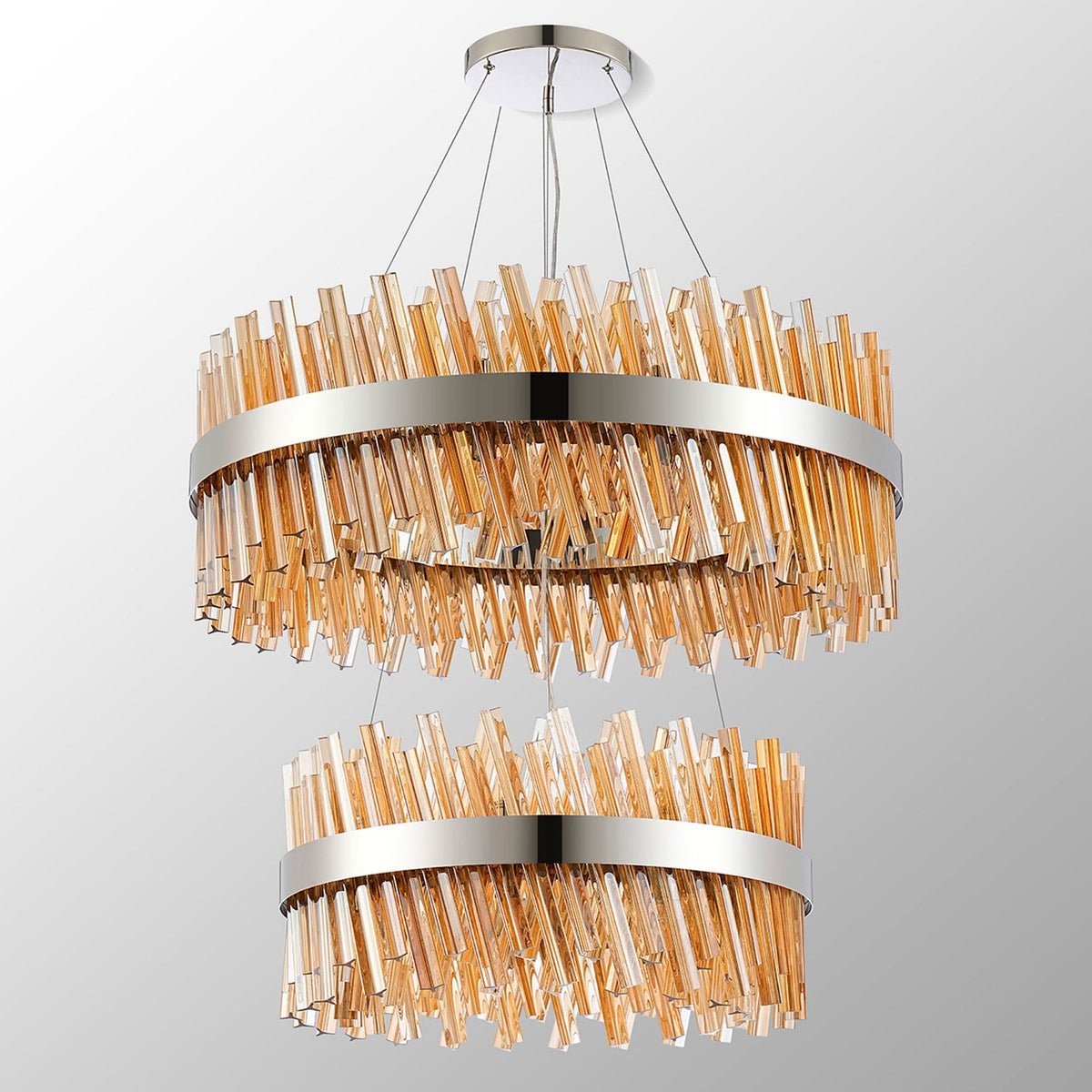Kelly Two Tier Pendant 60cm & 80cm Tiers in Polished Nickel & Amber Glass