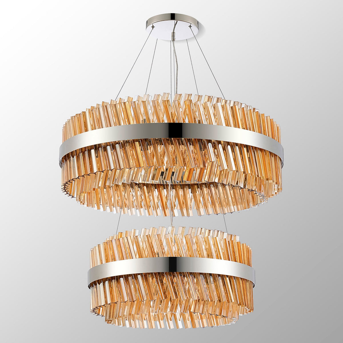 Kelly Two Tier Pendant 60cm & 80cm Tiers in Polished Nickel & Amber Glass
