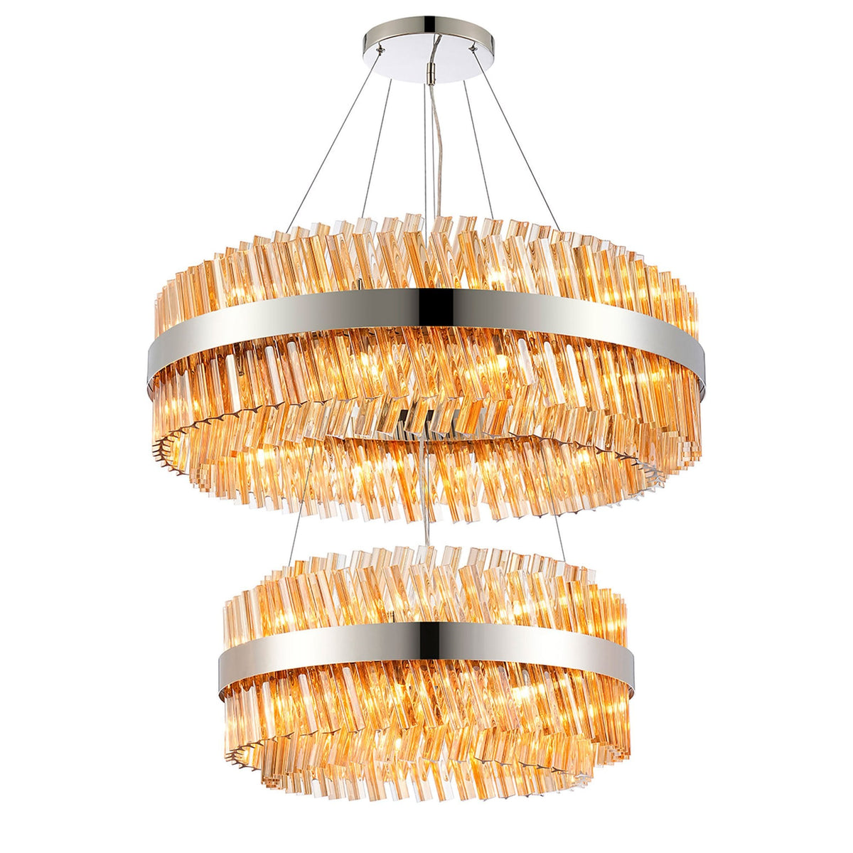 Kelly Two Tier Pendant 60cm & 80cm Tiers in Polished Nickel & Amber Glass
