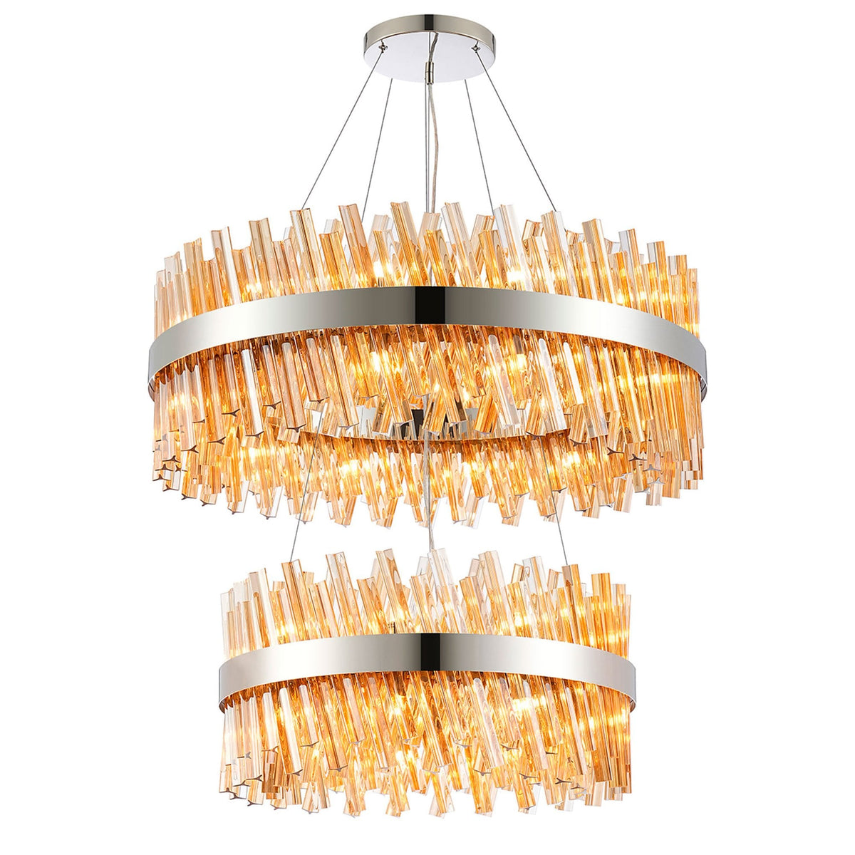 Kelly Two Tier Pendant 60cm & 80cm Tiers in Polished Nickel & Amber Glass