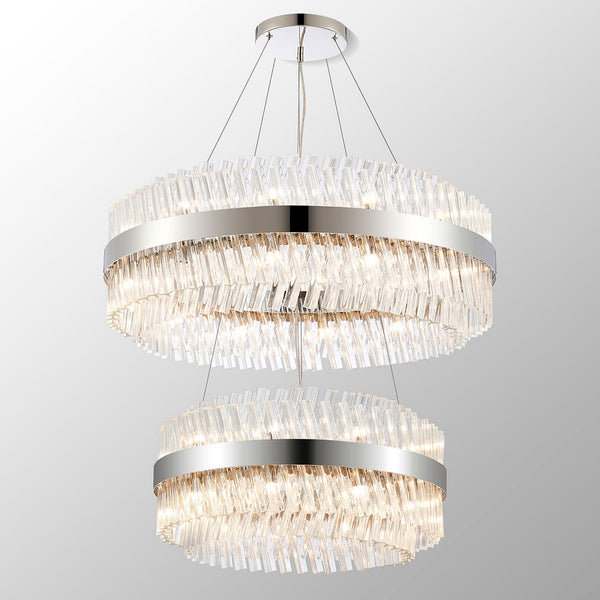 A two-tiered chandelier with clear, rectangular crystal pieces arranged in a circular pattern.