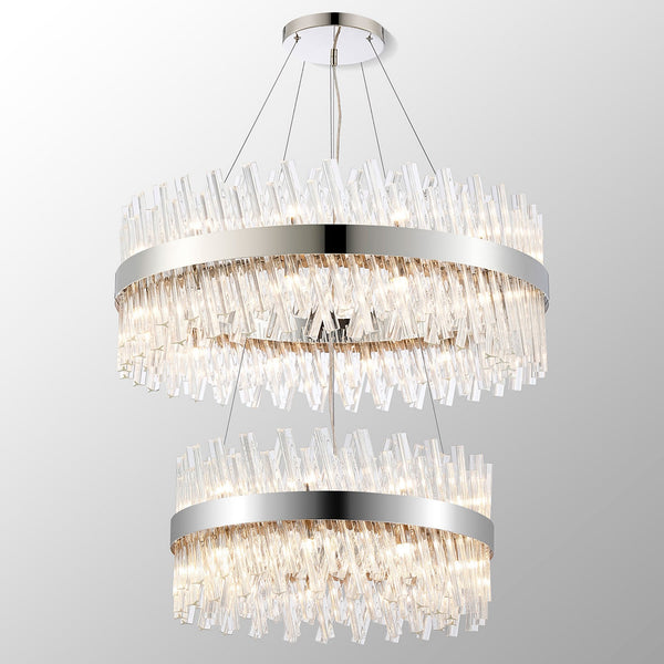 A two-tiered chandelier with slightly varied clear, rectangular crystal pieces.