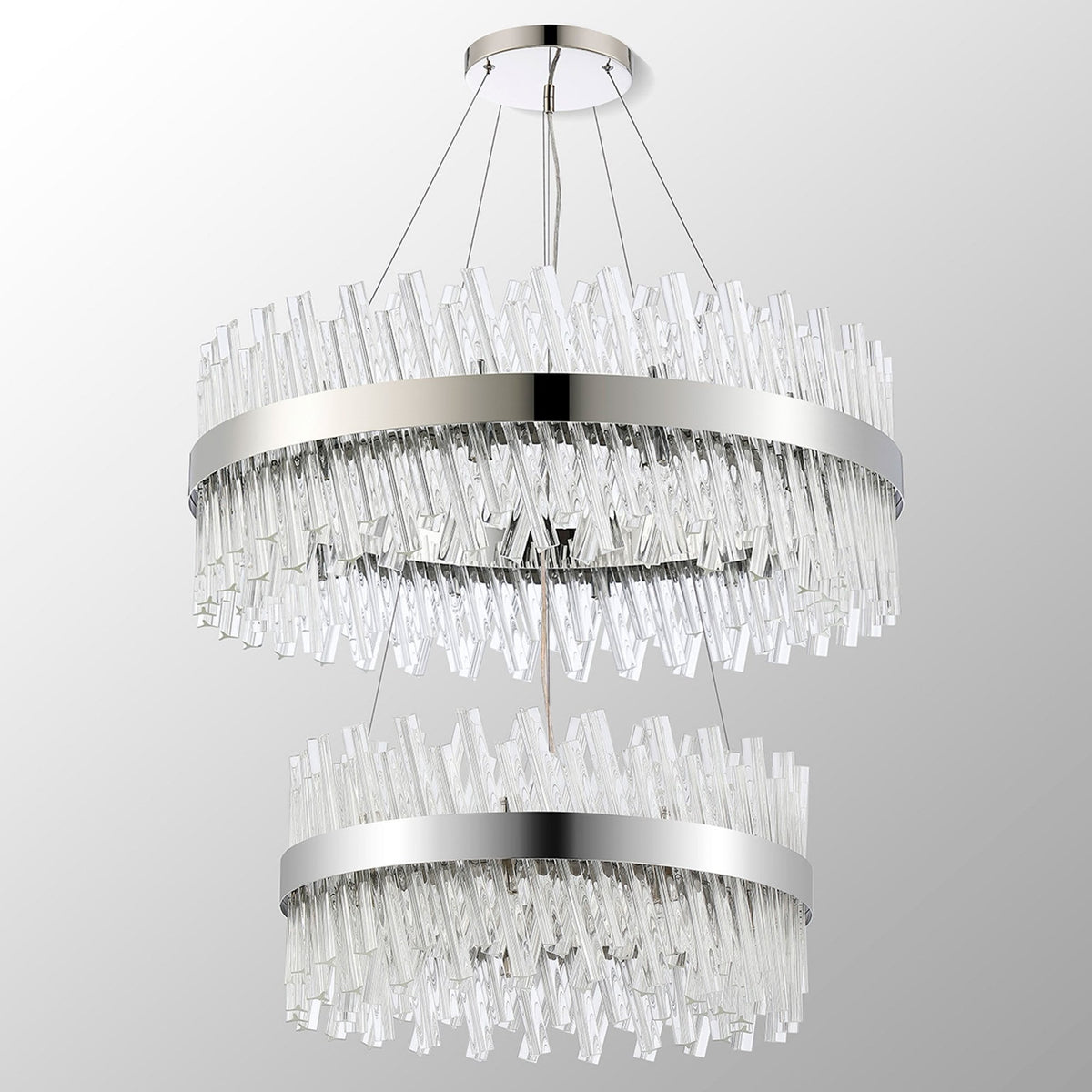 A two-tiered chandelier featuring clear, rectangular crystal pieces with varied angles.