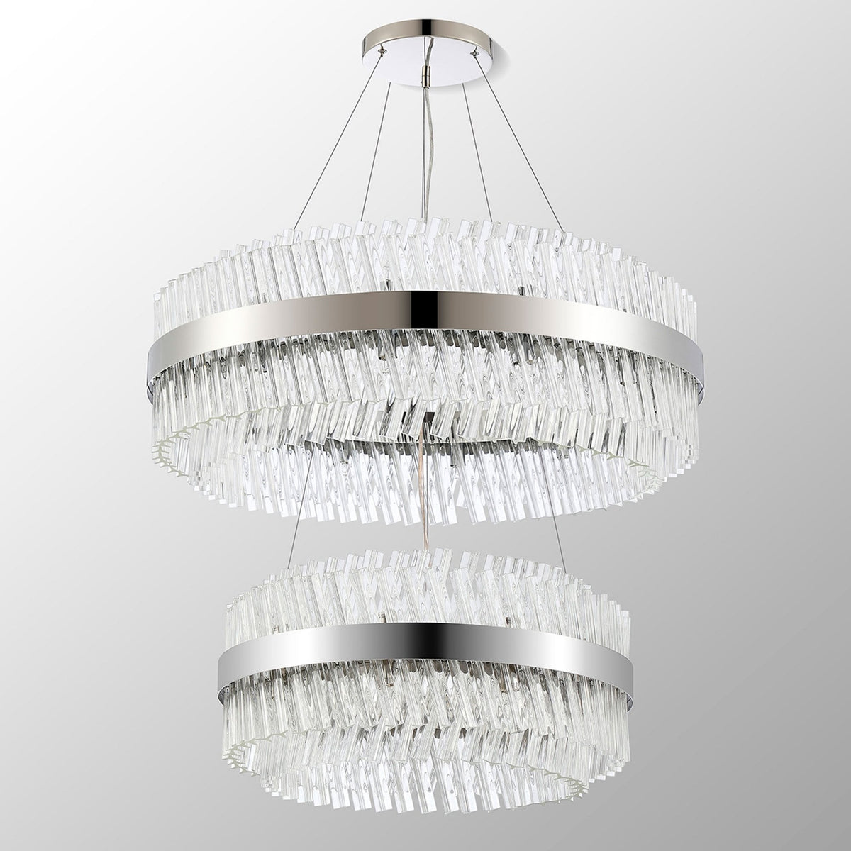 A two-tiered chandelier with clear, rectangular crystal pieces showing a subtle pattern variation.