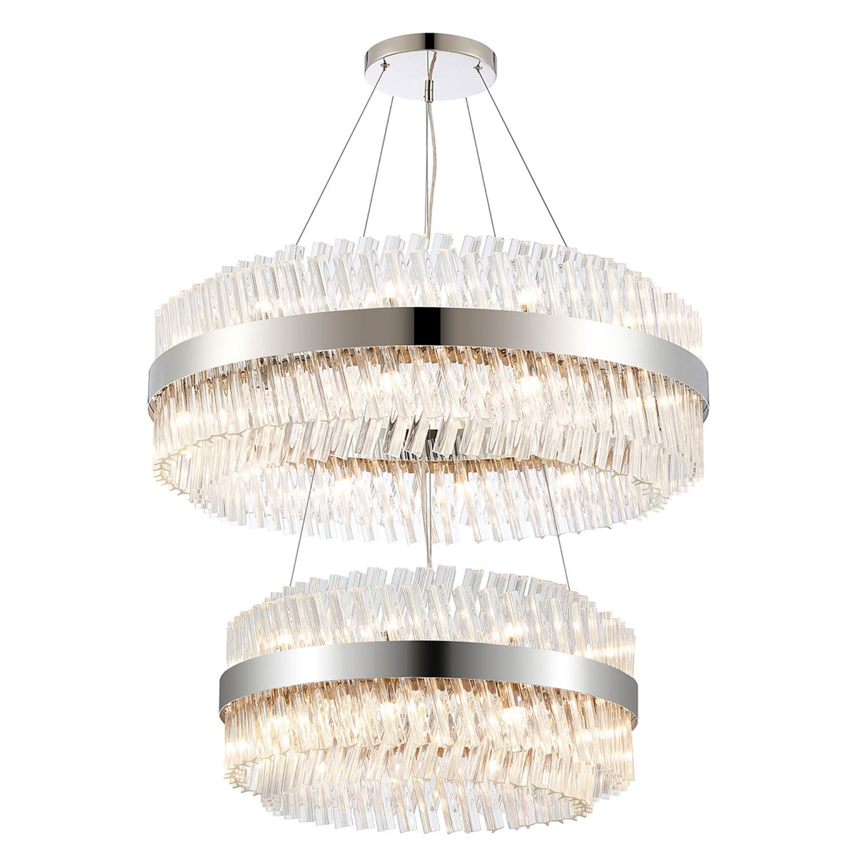 A two-tiered chandelier with clear, rectangular crystal pieces, evenly spaced.